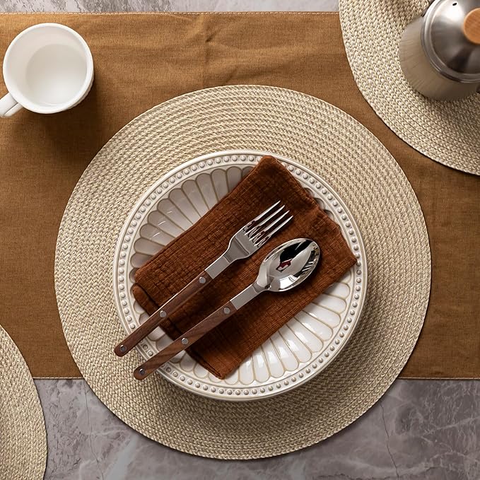 Round Placemats Set of 12 Plastic Woven Placemats Washable Wipeable Table Mats for Dining Table Heat Resistant Non-Slip Circle Place Mats (Beige-Brown)