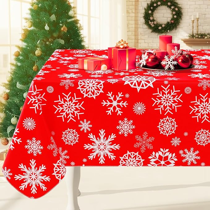 Smiry Christmas Rectangle Table Cloth, Waterproof Vinyl Tablecloth with Flannel Backing, Wipeable Snowflake Plastic Tablecloths for Christmas Table Decorations, (52"x70", Christmas Red)
