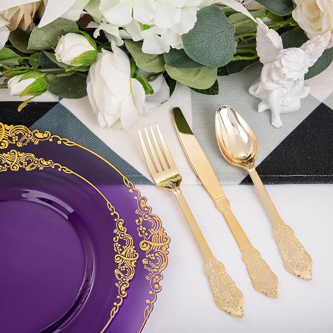 102PCS Purple and Gold Plastic Plates - High End Purple Disposable Plate - Vintage Dinner & Dessert Plates for 51 Guests Birthday Party & Mardi Gras & Wedding