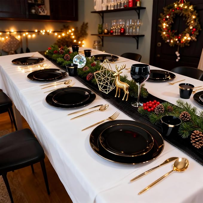 MirthMood 210Pcs Black and Gold Disposable Plates,Black Plates, Black and Gold Plates Include 30 Dinner,Dessert Plate,30 Cup&30 Napkins, 90 Gold Silverware for Wedding & Party & Birthday & New Year