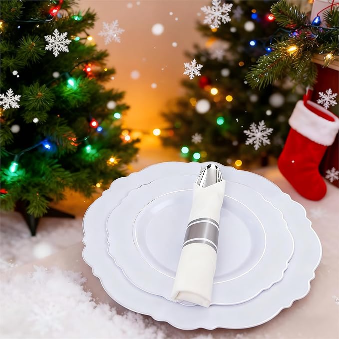 Liacere 350PCS Silver Plastic Plates-Disposable White and Silver Plates 50guest Baroque Plastic Dinnerware Set include 100Plates, 50Pack Pre Rolled Napkins with Silverware 50Cups Perfect for Christmas