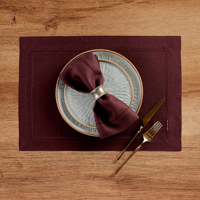 Solino Home Linen Cloth Placemats Set of 4 - 100% Pure Linen Hemstitch Burgundy Placemats 14 x 19 Inch - Classic Hemstitch Table Place Mats for Winter, Valentines