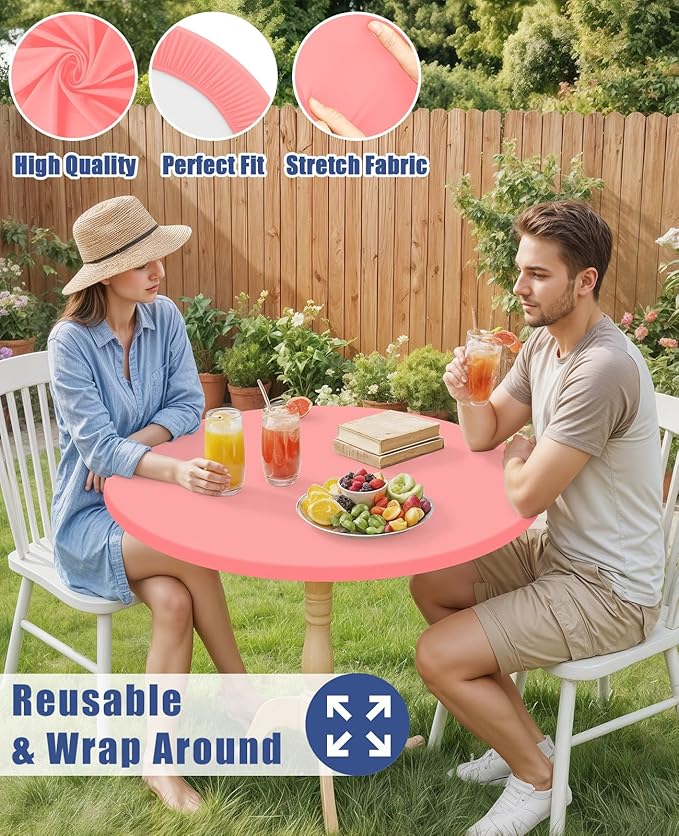 Round Spandex Tablecloth, Elastic Fitted Waterproof Tablecloths for 45"-56" Tables, Stretch Washable Picnic Table Cover for Camping, Dining, Indoor and Outdoor,Coral Red