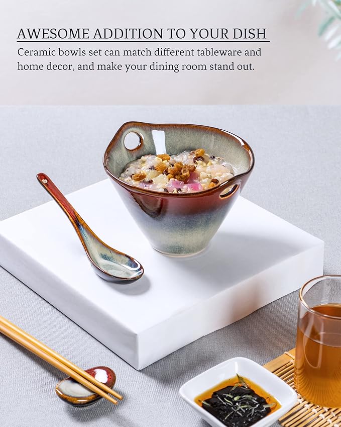 HENXFEN LEAD Japanese Ramen Bowls Set of 2 - Deep Ceramic Noodle Bowls with Spoons, Chopsticks and Holder, 20 Oz Serving Bowls for Pho, Udon, Soup - Reactive Red
