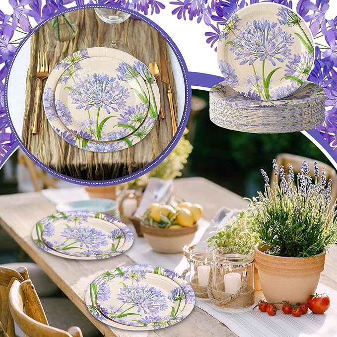 48 Pcs Agapanthus Garden Paper Plates Set Include 9" 7" Spring Watercolor Disposable Plates Summer Decorative Dinner Flower Birthday Party Tableware for Baby Shower Party Supplies