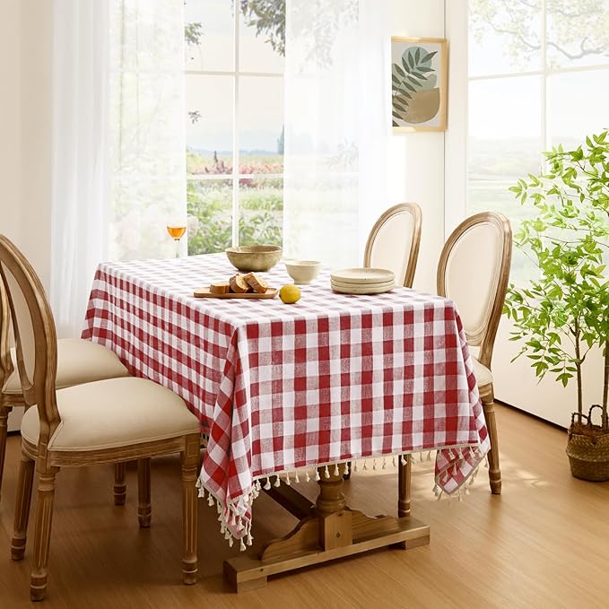 Softalker Checkered Tablecloth Rectangle, Outdoor Linen Cotton Gingham Table Cloth with Tassel, Heavy Duty Wrinkle Free Buffalo Plaid Table Cover for Kitchen Dining Home Party - 55 x 70 Inch, Red