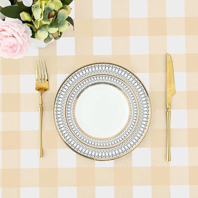 misaya Rectangle Waterproof Vinyl Table Cloth, Buffalo Flannel Backed Tablecloth, Wipeable Plastic Table Cover for Dinner, Kitchen, Outdoor (60" x 84", Beige and White)