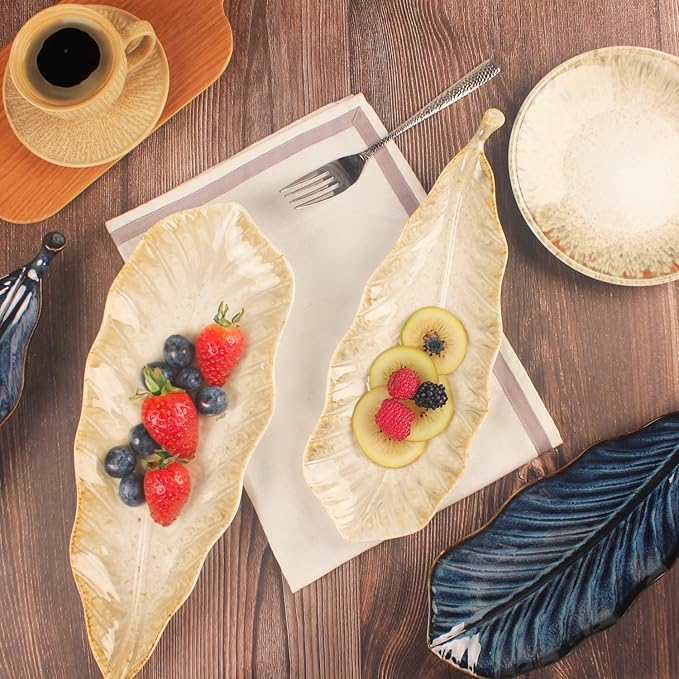 Serving Platter Olives Plate Set of 2, Large Serving Tray for Entertaining, Porcelain Trays and Platters, Salad Appetizer Tray,Dishwasher & Microwave Safe,Gradient beige 14.5 Inch