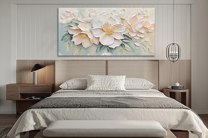 Anolyfi White Textured Flowers Large Canvas Wall Art for Living Room, Modern Aesthetic Sage Florals Painting Wall Decor for Bedroom Dining Room Office Home Decor 58"x29"