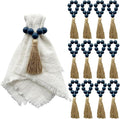 Napkin Rings Set of 12,Wooden Napkin Rings,Wood Bead Elastic Farmhouse Napkin Ring with Tassel,Boho Napkin Holder for Table Decor,Weeding,Dinner,Party(Navy Blue)