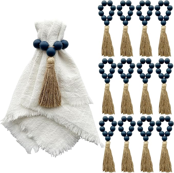 Napkin Rings Set of 12,Wooden Napkin Rings,Wood Bead Elastic Farmhouse Napkin Ring with Tassel,Boho Napkin Holder for Table Decor,Weeding,Dinner,Party(Navy Blue)