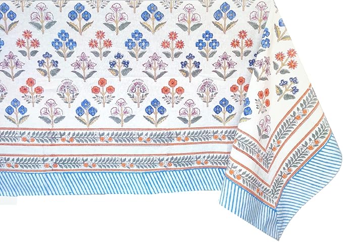 ATOSII Flora Bloom 100% Cotton Rectangle Boho Fall Tablecloth, Handblock Floral Table Cloth Linen for Kitchen Dining I Parties Wedding Outdoors Christmas Thanksgiving I 72 X 108 Inches I 8 Seater