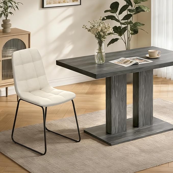Modern 5-Piece Dining Table Set for 4, 46" Pedestal Dining Table with 4 Leather Chairs, Small Space Saving Kitchen Table Set, Grey Wood Finish Rectangular Table for Dining Room & Apartment