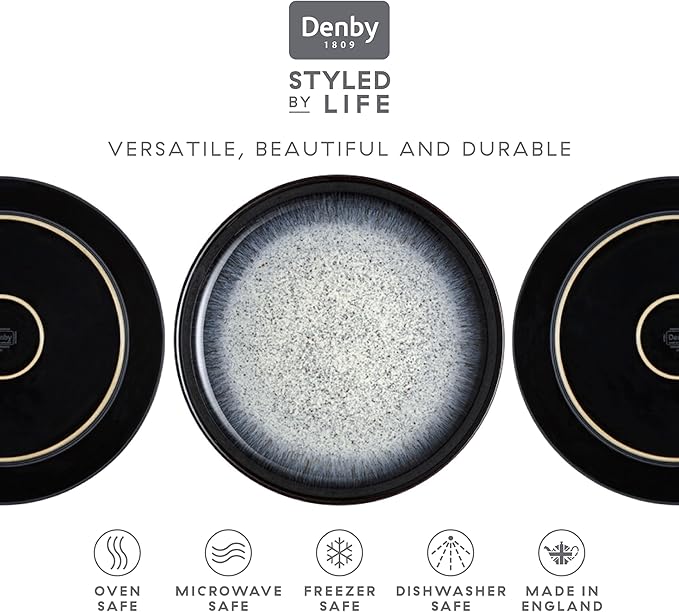 Denby - Halo Coupe Dinner Plates Set of 6-10.25 Inch Reactive Glaze, Dishwasher Microwave Oven Safe - Scratch Chip Resistant - Grey, Black Large Ceramic Stoneware Dinnerware Plates Set