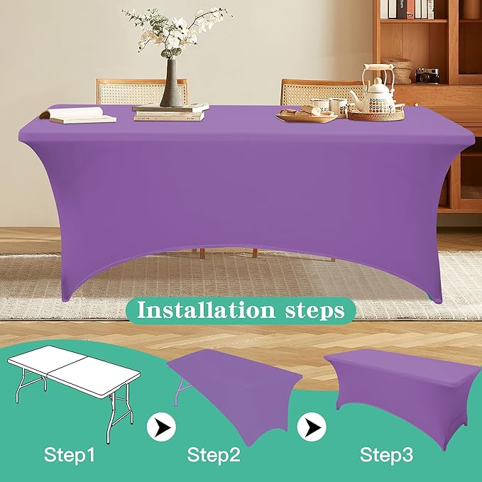 2Pack 4FT Table Cloth for Rectangular Fitted Events Stretch Light Purple Table Covers Washable Spandex Tablecloth Protector for Party, Wedding, Cocktail, Banquet, Festival