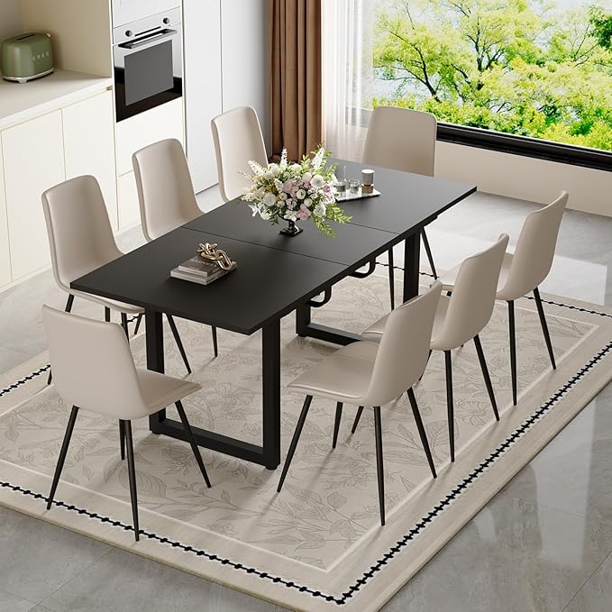 Extendable Dining Table Set for 8, 55"–71" Modern Black Kitchen Table with 8 Upholstered Chairs, Space-Saving for Living Room Apartment, Sturdy & Comfortable, Easy Assembly