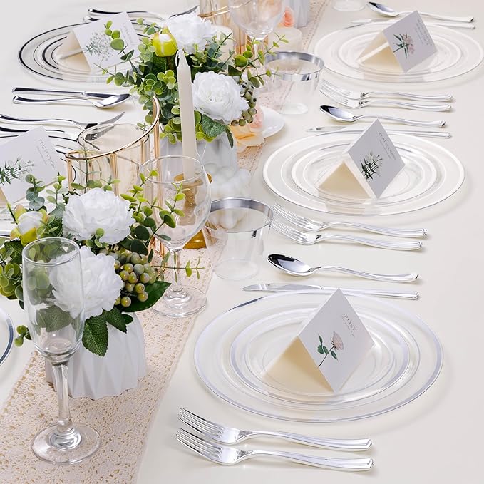 BESTSTAR 7 Inch Clear with Silver Rim Plastic Plates,100PCS Disposable Dessert/Appetizer/Small Cake Plates,Heavy Duty Plate Ideal for Christmas, Thanksgiving, Wedding and Birthday Party
