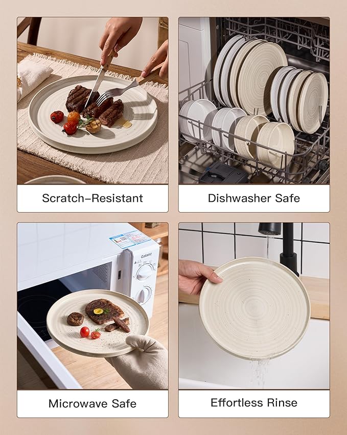 Stoneware Dinnerware Set, Highly Chip & Scratch Resistant Everyday Plates and Bowls for 8 (24pcs), Reactive Glaze Speckled Ceramic Straight Dishes with Gift Box, Microwave Dishwasher Safe, Shell Beige