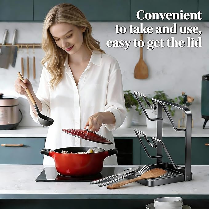 Kitchen Pot Lid Storage Rack, Stainless Steel Lid Holder with Removable Drip Tray, Double-Layer Countertop Organizer
