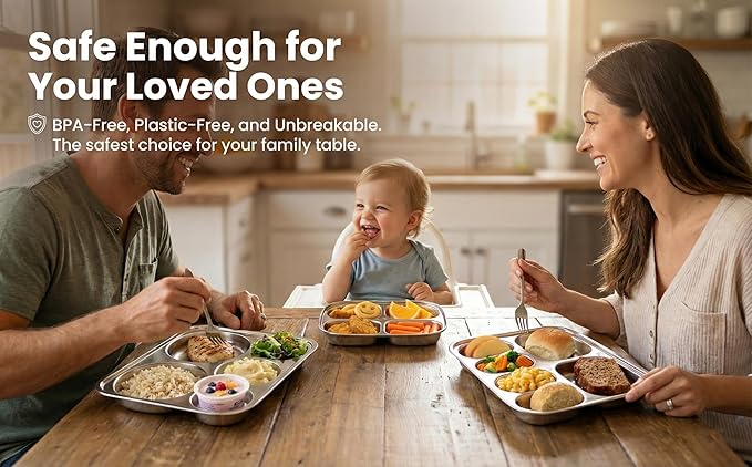 Korean Stainless Steel Divided Plates for Toddlers, Kids, Babies, 8-Inch, Premium 304, Electro-Polished, No Black Residue, BPA-Free, Round 3-Compartment Food Tray, Camping, Diet Control, Set of 2
