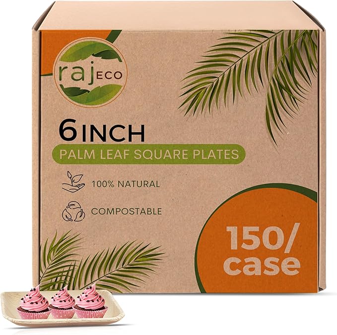 Raj Palm Leaf Plates Bulk [50-Pack] 6" Square Plates(3 CASES - 150 PACK) like Bamboo plates Disposable, Strong, Decorative Compostable Tableware for weddings, Lunch, Dinner, Birthday,Outdoor