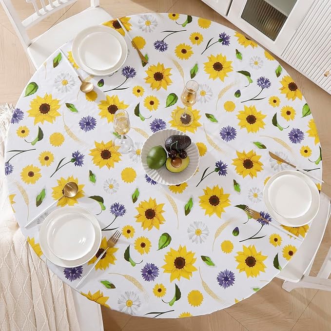 Walrus Round Vinyl Fitted Tablecloth with Flannel Backing Elastic Edge Design Table Cover Waterproof Oil-Proof PVC Table Cloth Stain-Resistant Best for 32"-36" Round
