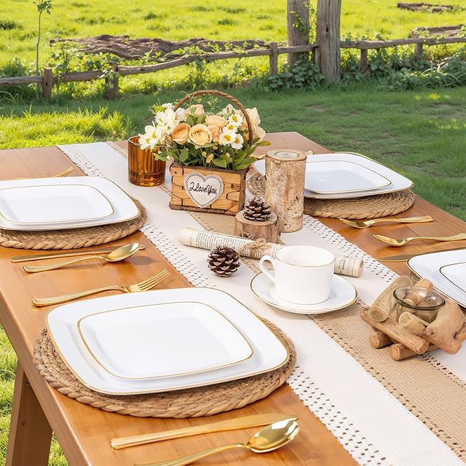bUCLA 50PCS White and Gold Plastic Plates Disposable - Square Gold Heavy Duty - Include 25 Each (Dinner & Dessert) Plates for Party & Wedding