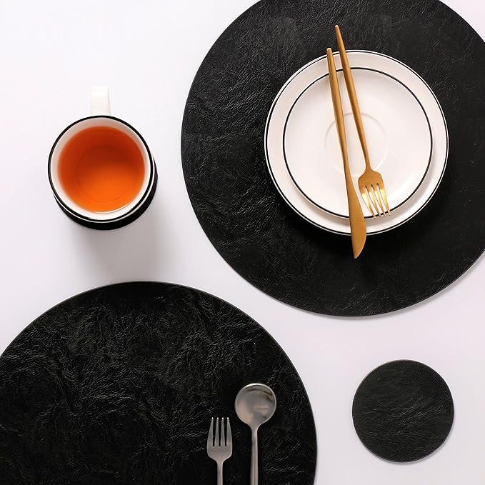 Set of 6 Embossed PU Leather Placemats, Waterproof Coffee Coasters, Kitchen Table Mats, Easy to Wipe Off for Dining Round Table