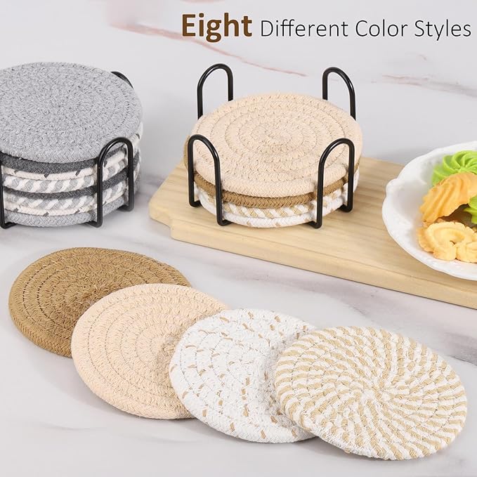 16Pcs Drink Coasters with Holder, 8 Colors Absorbent Coasters Minimalist Cotton Woven Coaster for Living Room Decor,Tabletop