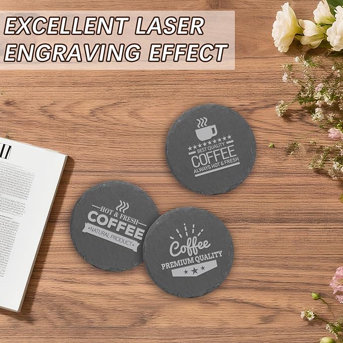 12 PCS Black Natural Slate Coasters Bulk Set 4 Inch Laser Engraving Blanks with Anti Scratch Bottoms for Home, Office, Bar, Gifts Round Coasters