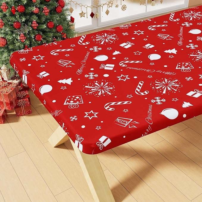 Smiry Rectangle Christmas Table Cloth, Waterproof Elastic Fitted Tablecloths for 6 Foot Tables, Washable Polyester Table Cover for Christmas Dinner (Snowflower, 30"x72")