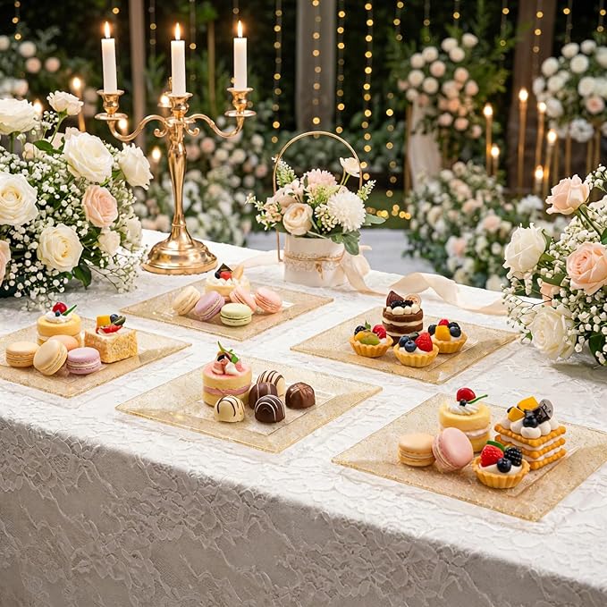 supernal 200pcs 6" Gold Dessert Plates Glitter with 5.7" Plastic Forks,Disposable Square Plates for 100 Guests,Party Plastic Salad Plate Appetizer Square Plates Suit for Party, Wedding