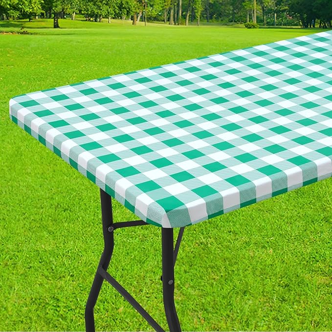 Smiry Rectangle Picnic Table Cloth, Elastic Waterproof Fitted Vinyl Tablecloths, Flannel Backed Buffalo Plaid Table Covers for Dining, Camping, Outdoor (White and Green, 30" x 72")