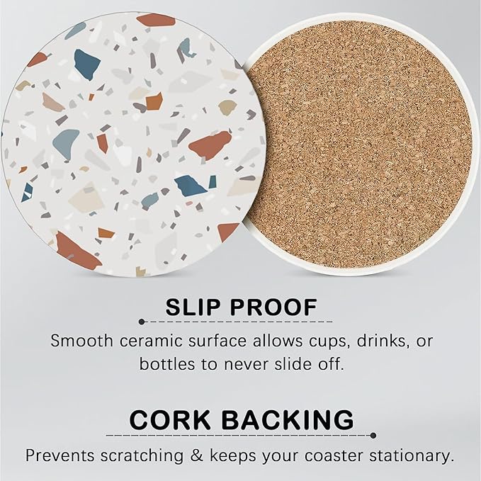6 Pcs Terrazzo Ceramic Coasters with Holder Absorbent Drink Coasters,Modern Sandstone Round Ceramic Stone Coaster with Cork Base,Tabletop Protection Mat for Mugs and Cups,Office,Kitchen