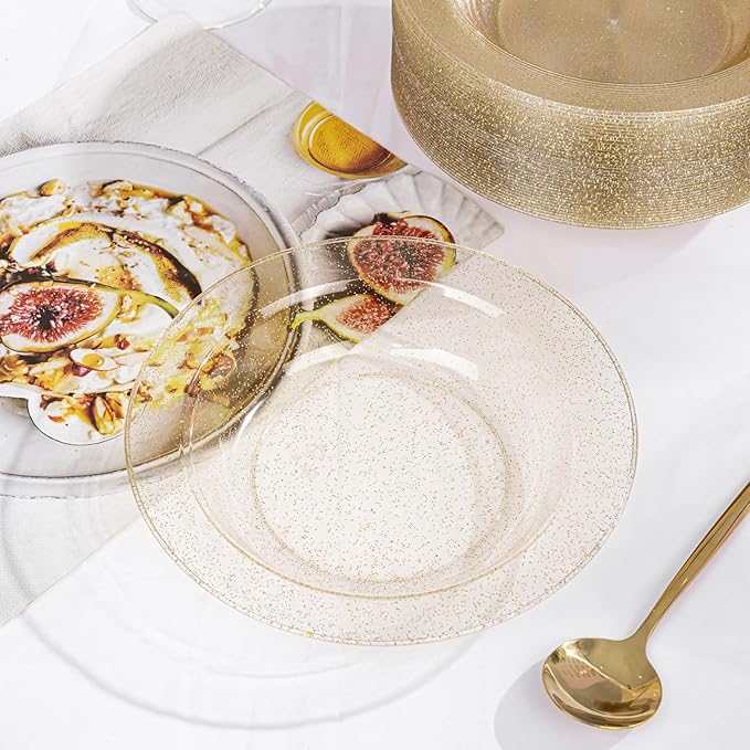 bUCLA 60 Pack Disposable Plastic Bowls 12oz - Clear Gold Glitter Plastic Salad/Dessert/Soup Bowls - Perfect for Party, Wedding & Thanksgiving