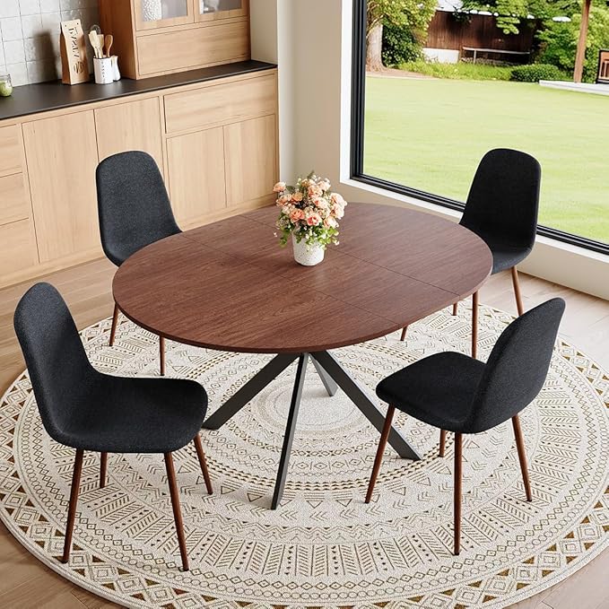 Round Dining Table Set for 4｜42"-54" Extendable Dining Room Table Set｜Wooden Kitchen Table with 4 Chairs｜Mid Century Modern Dinner Table Set with Cross Legs｜Easy Assembly｜Space Saving