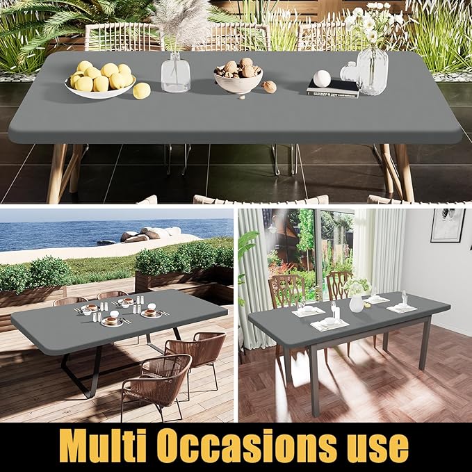 Smiry Rectangle Tablecloth, Elastic Fitted Flannel Backed Vinyl Tablecloths for 8ft Folding Tables, Waterproof Wipeable Table Covers for Indoor, Outdoor, Picnic and Camping (Grey, 30"x96")