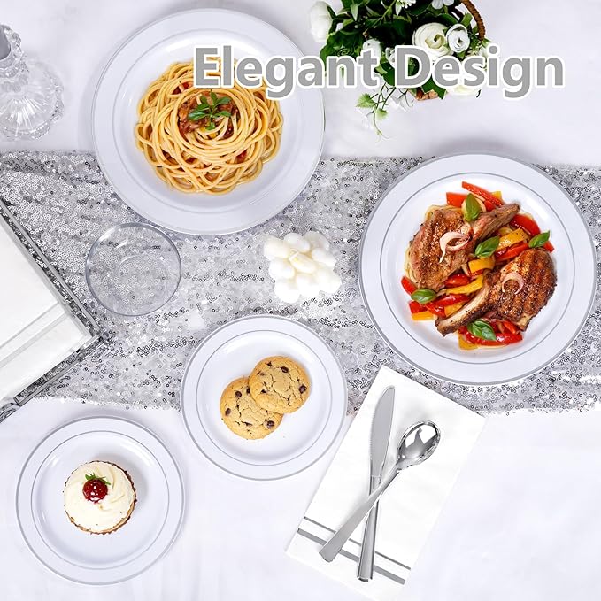 GATHER 176 Pieces Silver Plates - Disposable Silver Plastic Plates Includes 50 Plates, 75 Silverware, 25 Napkins, 25 Silver Rimmed Cups and 1 Tablecloth Perfect for Party & Weding