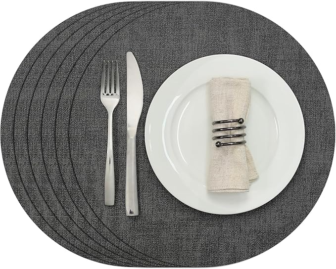 Myir JUN Round Placemats, Dual Sided Faux Leather Place Mats Set of 6 Indoor/Outdoor Non-Slip Washable Table Mats (Gray, Set of 6)