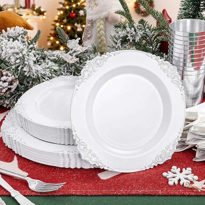 Liacere 350PCS Silver Plastic Plates&Pre Rolled Napkins for 50 Guests - Plastic Dinnerware Sets 100Silver Disposable Plates, 150Silver Silverware, 50Cups and 50Napkins for Christmas