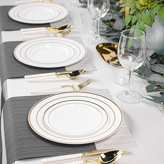 200PCS White Plastic Plates with Gold Rim, Disposable Heavy Duty Plastic Plate, 100 Dinner and 100 Dessert Plates for Party and Wedding