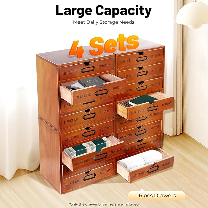 4PCS Stackable Wooden Desk Organizer with Total 16 Drawers, Apothecary Cabinet Library Card Catalog Cabinet Tabletop Vintage Apothecary Chests Cabinets Herb Storage Box with Drawers