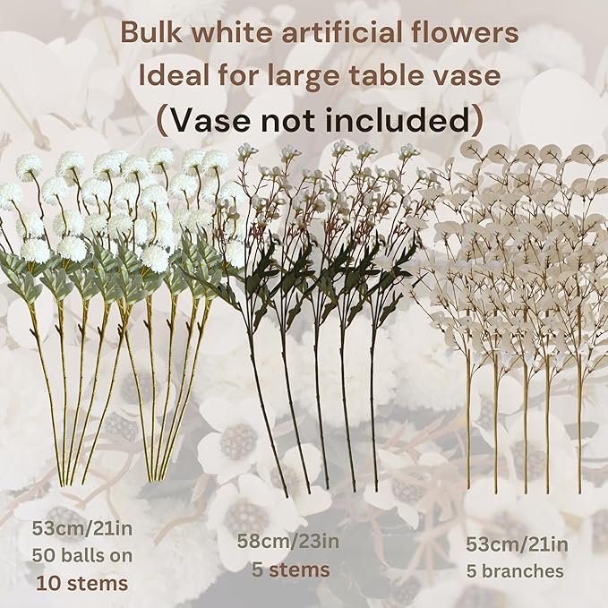 20pcs White Artificial Flowers Bulk For Vase That Look Real, White Flower Centerpiece For Table, Silk Floral Home Decor Indoor, Faux Kiku + Eucalyptus Stems + Wildflowers, Flores Blancas Artificiales