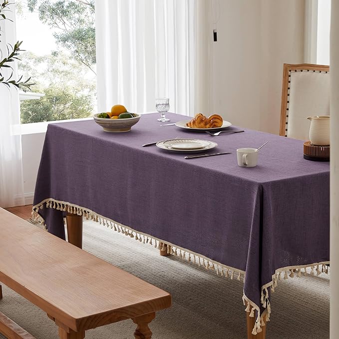 Linen Tablecloth with Tassels, Farmhouse Style Purple Tablecloth, Water Resistant Burlap Tablecloths for Square Table, 60x60 Inch Purple