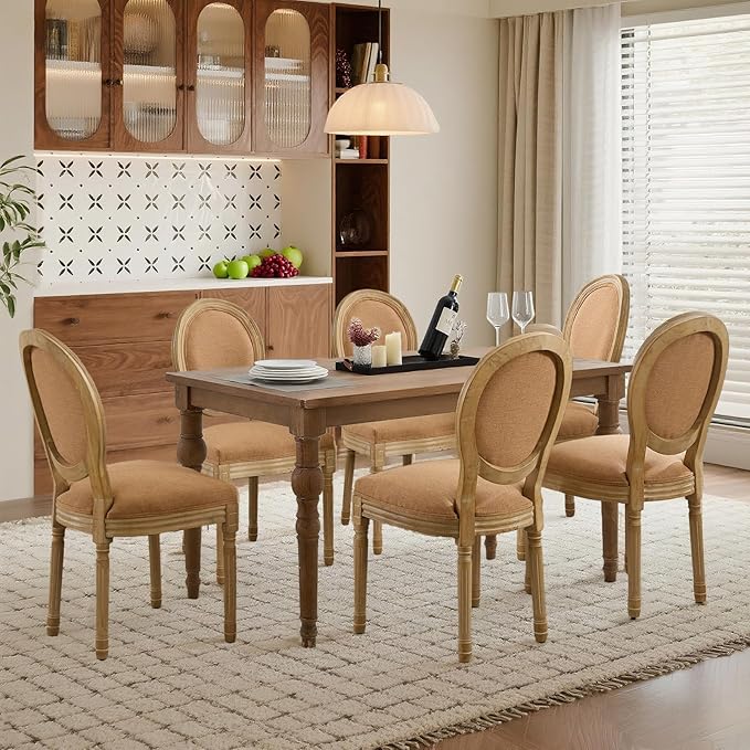 SoarFlash French Dining Chairs Set of 6, Vantage Dining Chair with Round Back, Wood Leg Farmhouse Country Dining Chair for Kitchen,Bedroom,Brown
