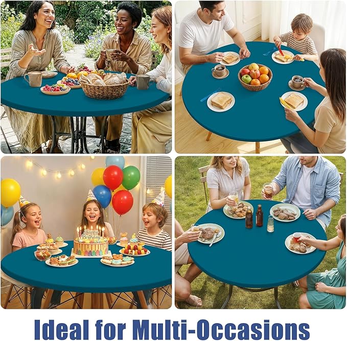 Round Spandex Tablecloth, Elastic Fitted Waterproof Tablecloths for 25"-30" Tables, Stretch Washable Picnic Table Cover for Camping, Dining, Indoor and Outdoor,Peacock Blue