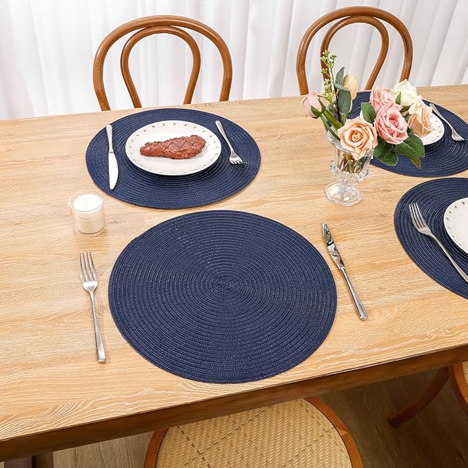 SHACOS Round Placemats Set of 8 Washable 15 inch Round Table Mats Cotton Polyester Woven Braided Place Mats for Dining Table, Navy
