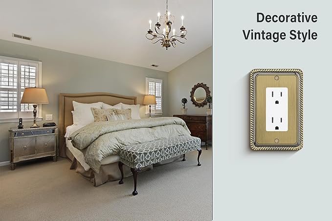Henne Bery Rope Edge Decorative Wall Plate Switch Plate Outlet Cover (Single Decorator, 2 Pack, Antique Brass)