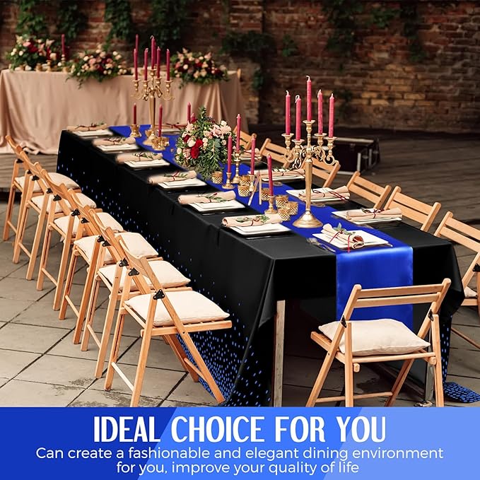 Breling 8 Pack Black and Blue Disposable Plastic Tablecloths and Satin Table Runner Set, 54 x 108 Inch Tablecloth, 12 x 108 Inch Table Runners for Wedding Graduation Birthday Baby Shower New Year
