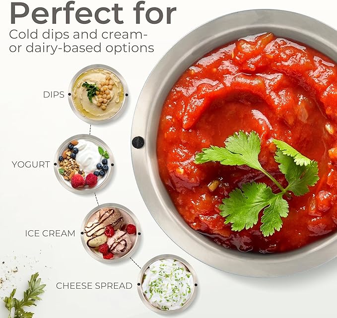 Vora 35oz Stainless Steel Chilled Serving Bowl - 1 Pack Insulated Serving Bowl with Anti Slip Base, Funnel & Plugs to Keep Dips, Salads & Appetizers Cold - Ice Bowls to Keep Food Cold for Parties